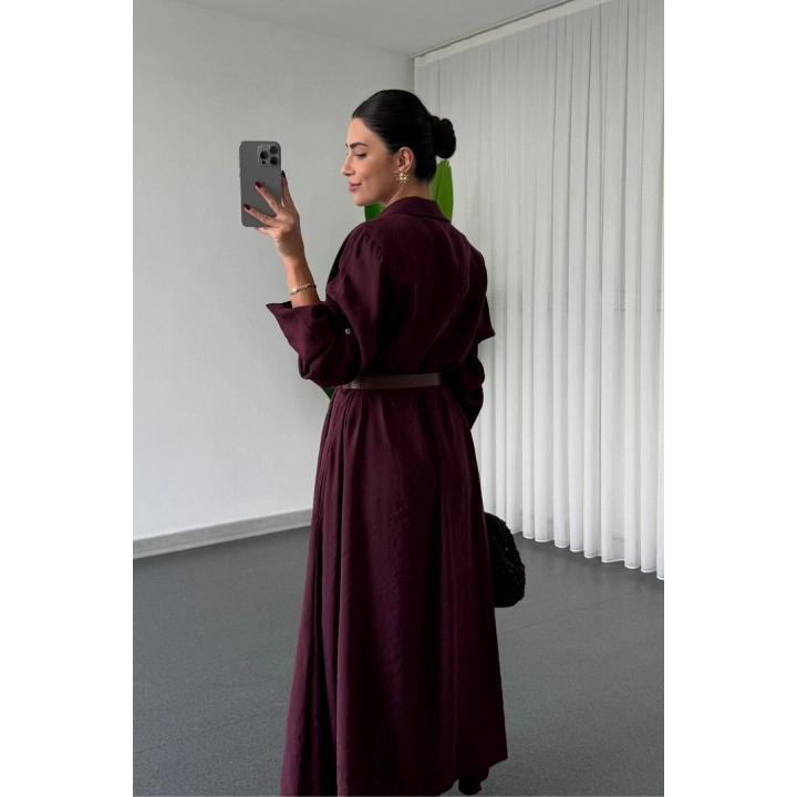 Kadın Premium Mürdüm Modal Kumaş Kemerli Düğmeli Uzun Kollu Salaş Midi Boy Gömlek Yaka Elbise