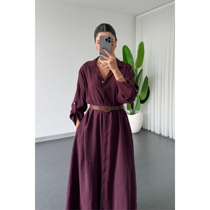 Kadın Premium Mürdüm Modal Kumaş Kemerli Düğmeli Uzun Kollu Salaş Midi Boy Gömlek Yaka Elbise