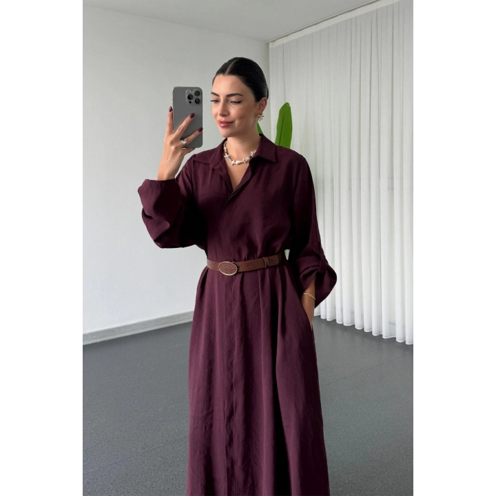 Kadın Premium Mürdüm Modal Kumaş Kemerli Düğmeli Uzun Kollu Salaş Midi Boy Gömlek Yaka Elbise