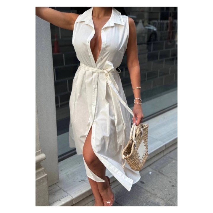 Kadın Midi Boy Kuşaklı Kolsuz Düğme Detaylı Gömlek Yaka Elbise