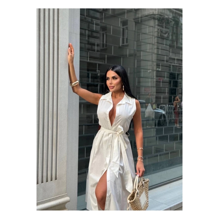 Kadın Midi Boy Kuşaklı Kolsuz Düğme Detaylı Gömlek Yaka Elbise