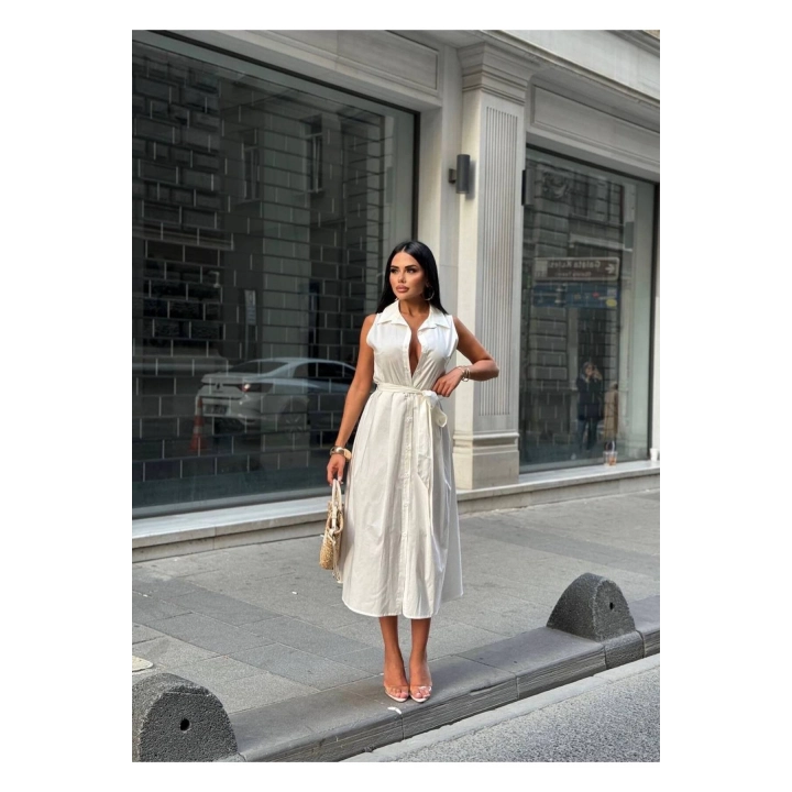 Kadın Midi Boy Kuşaklı Kolsuz Düğme Detaylı Gömlek Yaka Elbise