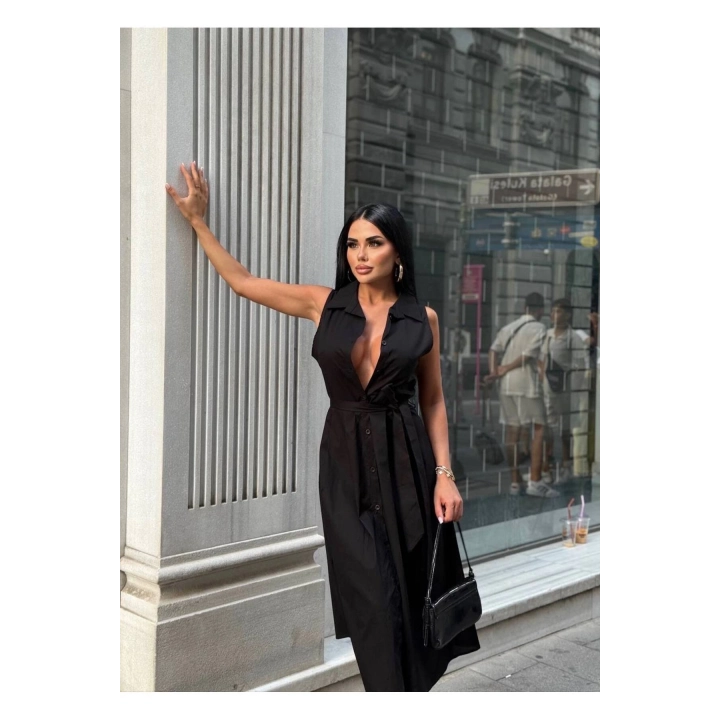 Kadın Siyah Midi Boy Kuşaklı Kolsuz Düğme Detaylı Gömlek Yaka Elbise