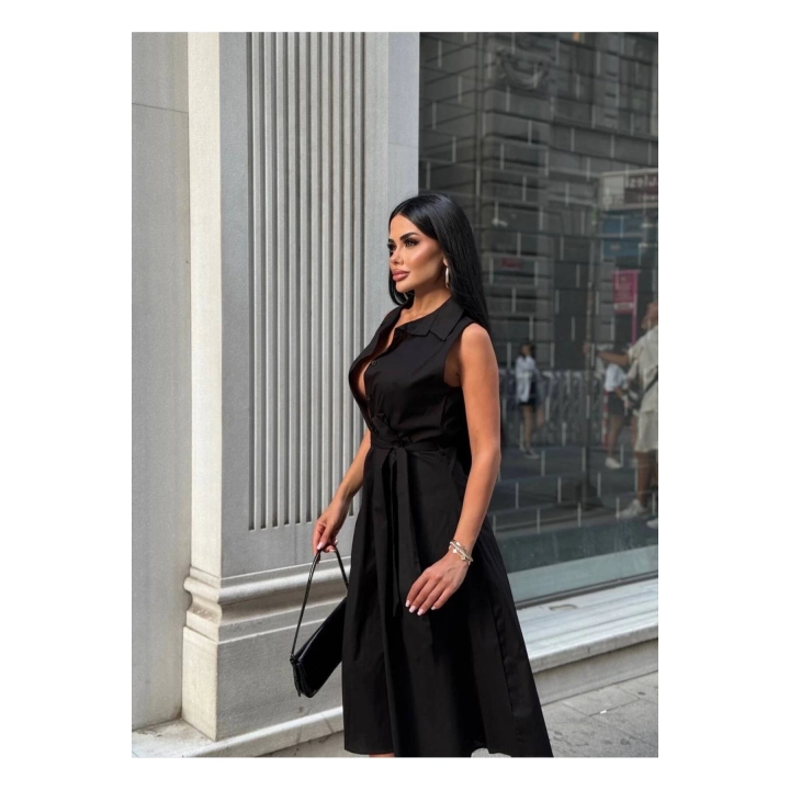 Kadın Siyah Midi Boy Kuşaklı Kolsuz Düğme Detaylı Gömlek Yaka Elbise