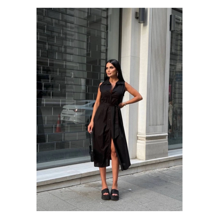 Kadın Siyah Midi Boy Kuşaklı Kolsuz Düğme Detaylı Gömlek Yaka Elbise