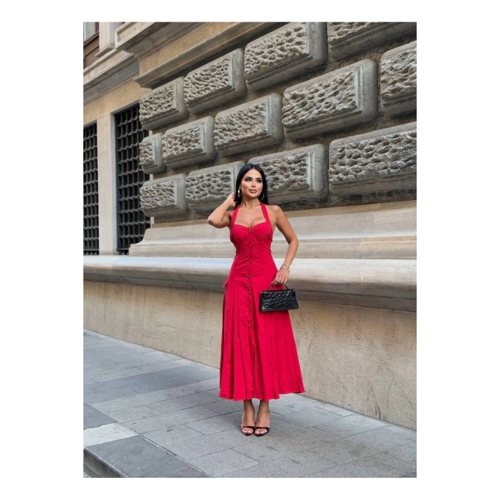 Düğmeli Halter Yaka Kadın Maxi Elbise