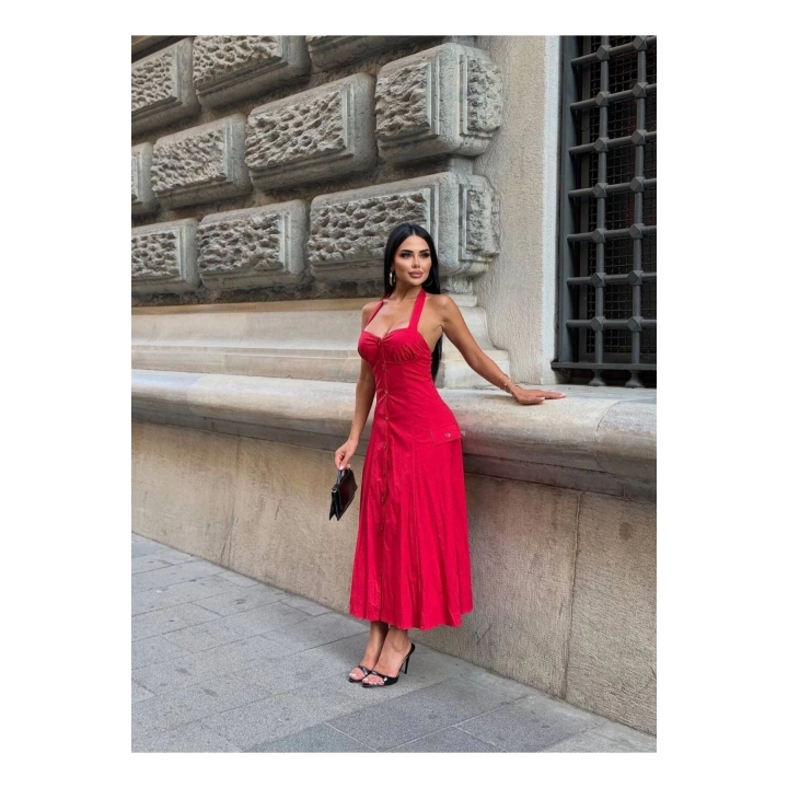 Düğmeli Halter Yaka Kadın Maxi Elbise