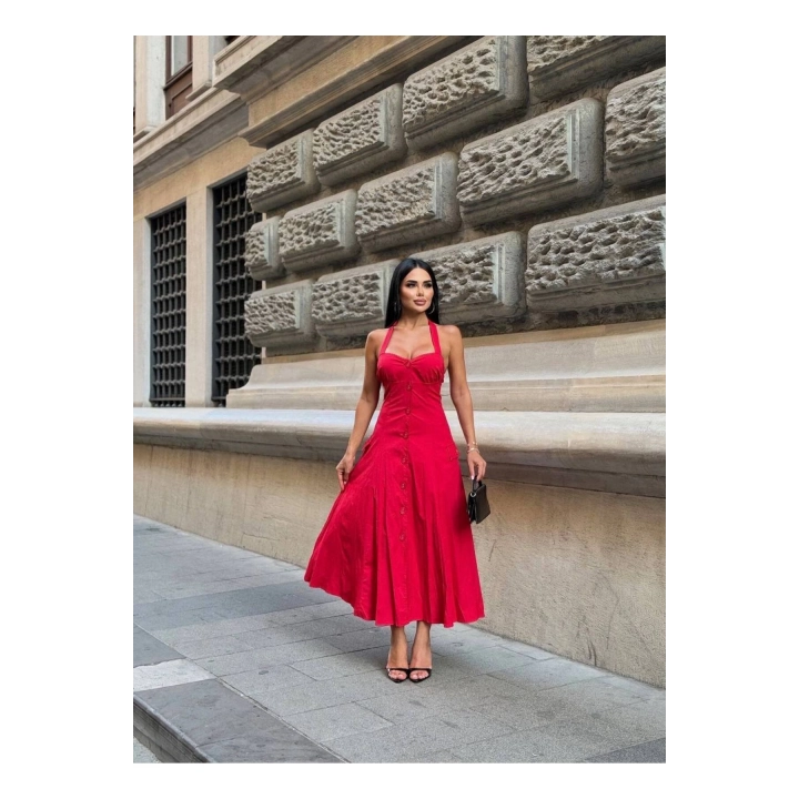 Düğmeli Halter Yaka Kadın Maxi Elbise