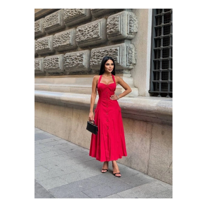 Düğmeli Halter Yaka Kadın Maxi Elbise