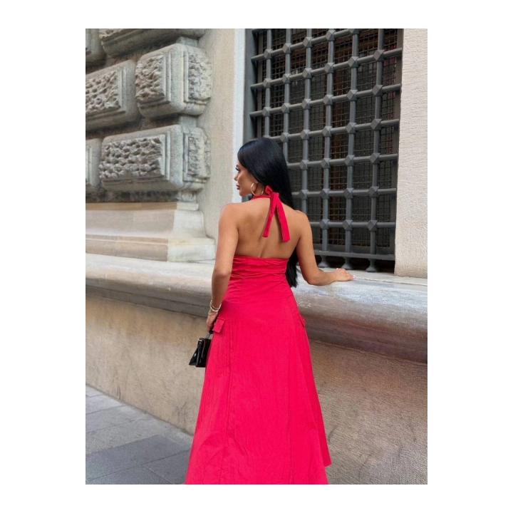 Düğmeli Halter Yaka Kadın Maxi Elbise