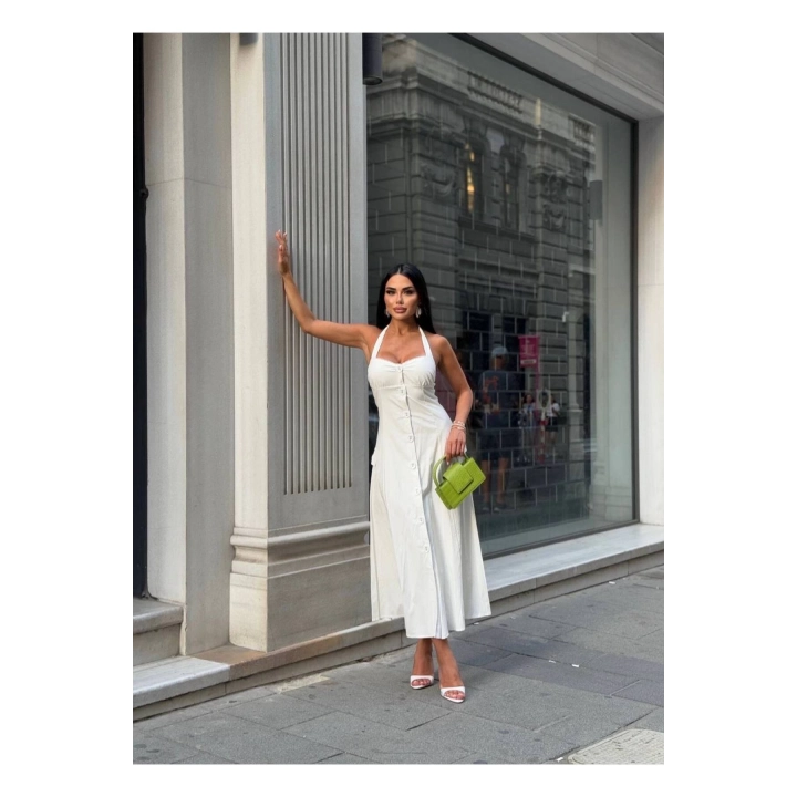 Düğmeli Halter Yaka Kadın Maxi Elbise