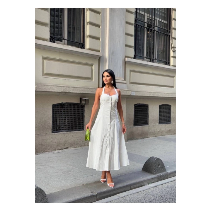 Düğmeli Halter Yaka Kadın Maxi Elbise