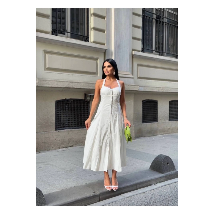 Düğmeli Halter Yaka Kadın Maxi Elbise