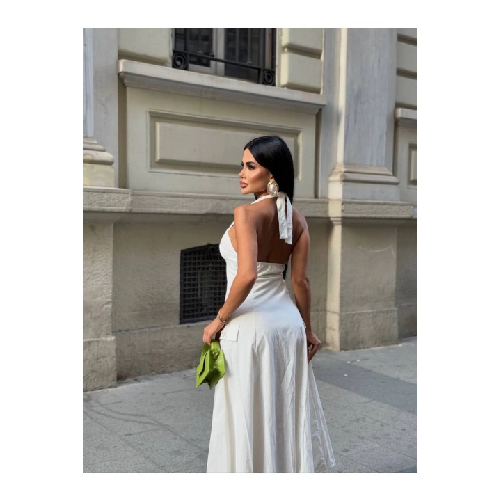 Düğmeli Halter Yaka Kadın Maxi Elbise