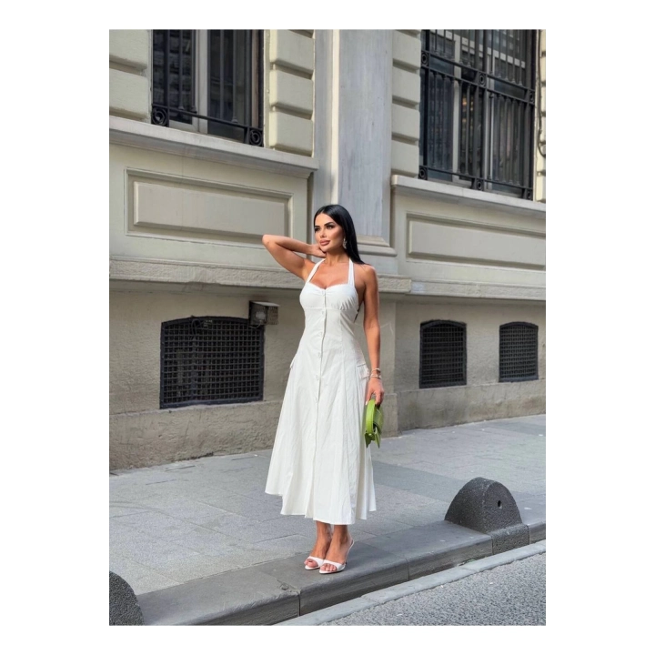 Düğmeli Halter Yaka Kadın Maxi Elbise