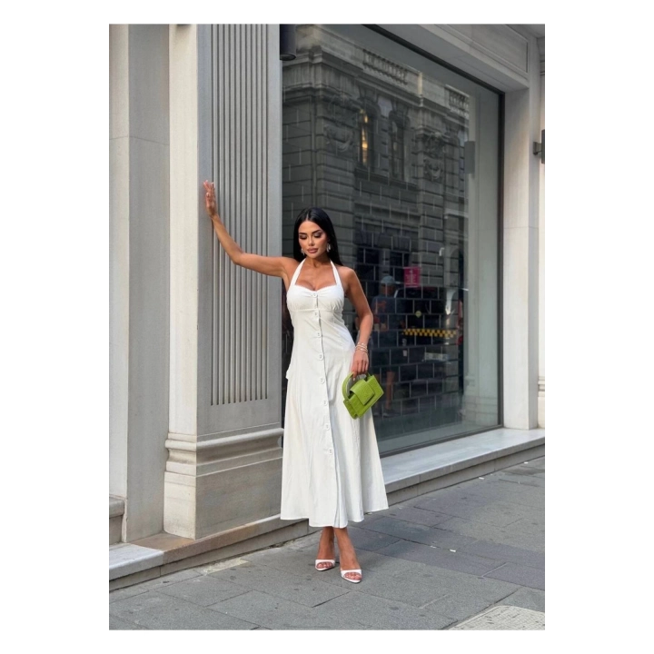 Düğmeli Halter Yaka Kadın Maxi Elbise