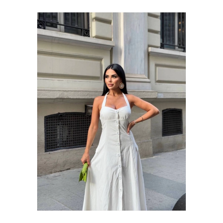 Düğmeli Halter Yaka Kadın Maxi Elbise