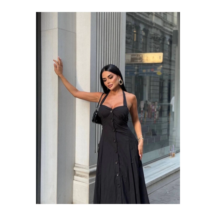 Düğmeli Halter Yaka Kadın Maxi Elbise