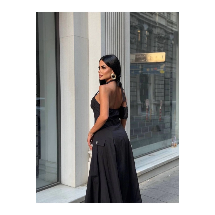 Düğmeli Halter Yaka Kadın Maxi Elbise