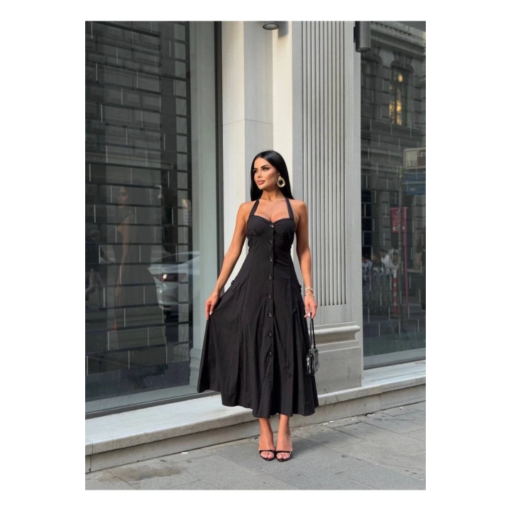 Düğmeli Halter Yaka Kadın Maxi Elbise