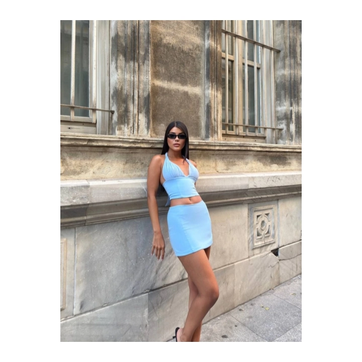 Kadın Tül Detaylı Sırt Dekolteli Bluz-Etek Mini Mavi Takım