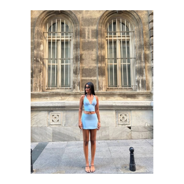 Kadın Tül Detaylı Sırt Dekolteli Bluz-Etek Mini Mavi Takım