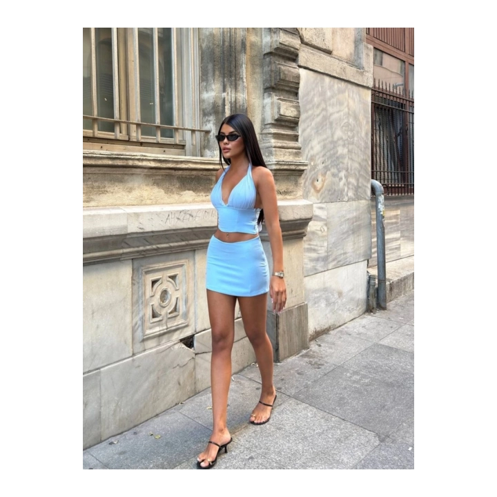 Kadın Tül Detaylı Sırt Dekolteli Bluz-Etek Mini Mavi Takım