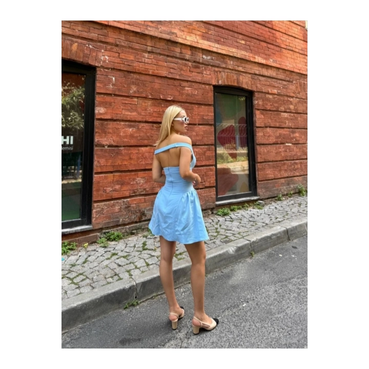 Kadın Lastikli Omzu Açık Göğüs Detaylı Fermuarlı Mini Boy Mavi Elbise