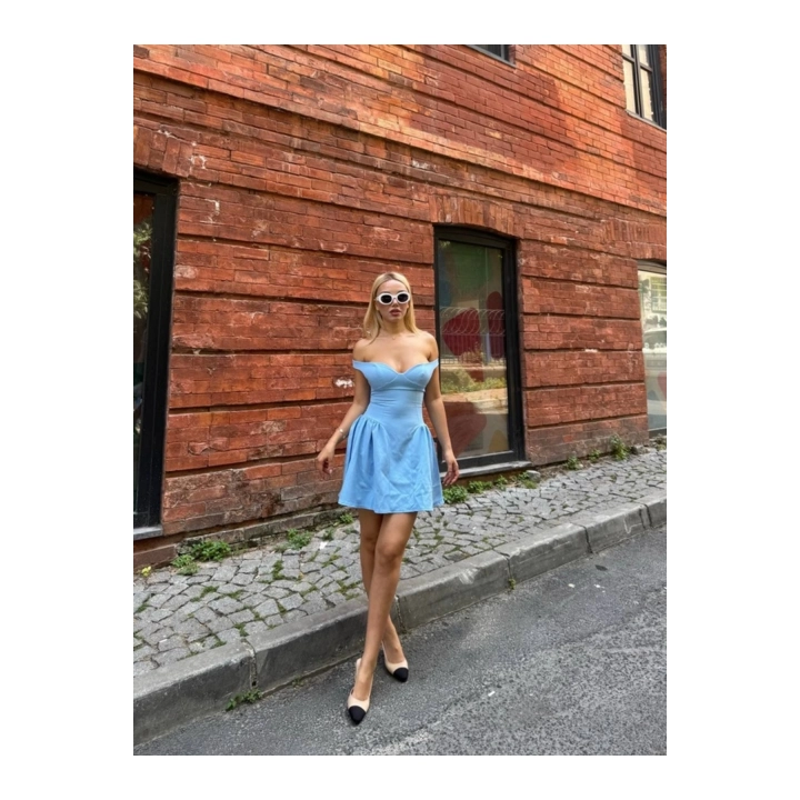 Kadın Lastikli Omzu Açık Göğüs Detaylı Fermuarlı Mini Boy Mavi Elbise