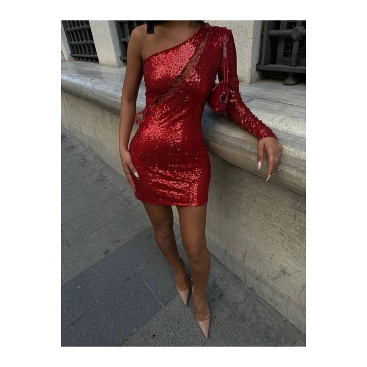 Kadın Göğüs Dekolteli Tek Kol Payetli Kırmızı Mini Boy Elbise