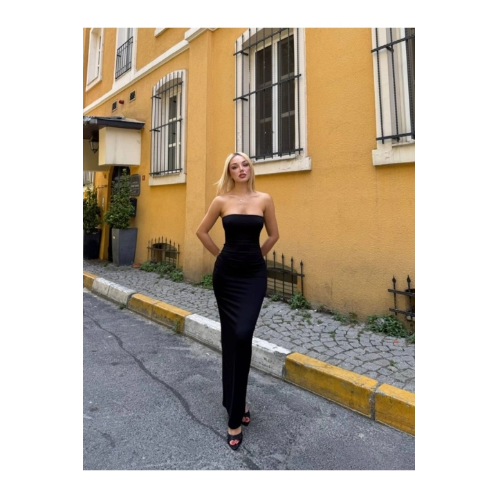 Kadın Straplez Yaka Yan Büzgülü Sandy Siyah Elbise