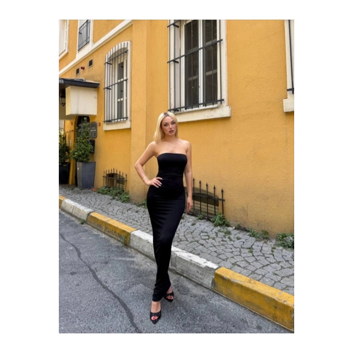 Kadın Straplez Yaka Yan Büzgülü Sandy Siyah Elbise