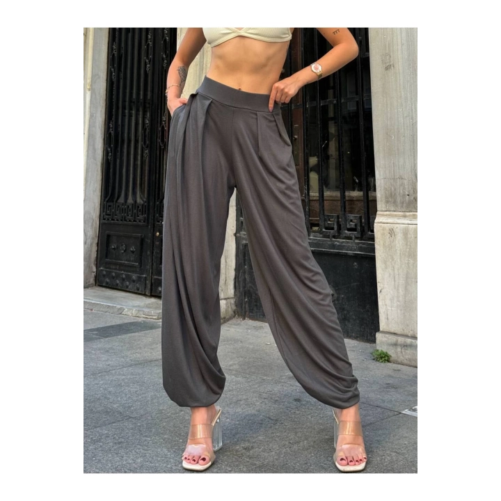 Kadın Beli Lastikli Pileli Modal Kumaş Paça Detaylı Ön Cepli Antrasit Balloon Şalvar Pantolon