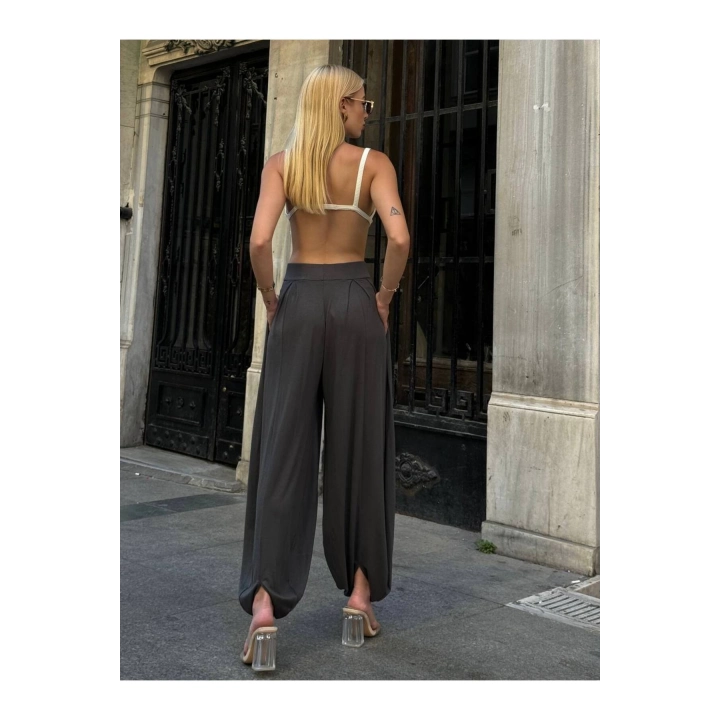 Kadın Beli Lastikli Pileli Modal Kumaş Paça Detaylı Ön Cepli Antrasit Balloon Şalvar Pantolon