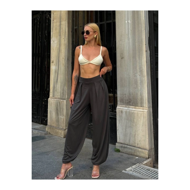 Kadın Beli Lastikli Pileli Modal Kumaş Paça Detaylı Ön Cepli Antrasit Balloon Şalvar Pantolon