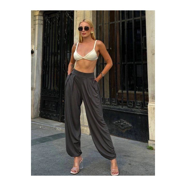 Kadın Beli Lastikli Pileli Modal Kumaş Paça Detaylı Ön Cepli Antrasit Balloon Şalvar Pantolon