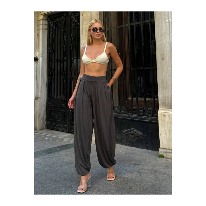 Kadın Beli Lastikli Pileli Modal Kumaş Paça Detaylı Ön Cepli Antrasit Balloon Şalvar Pantolon