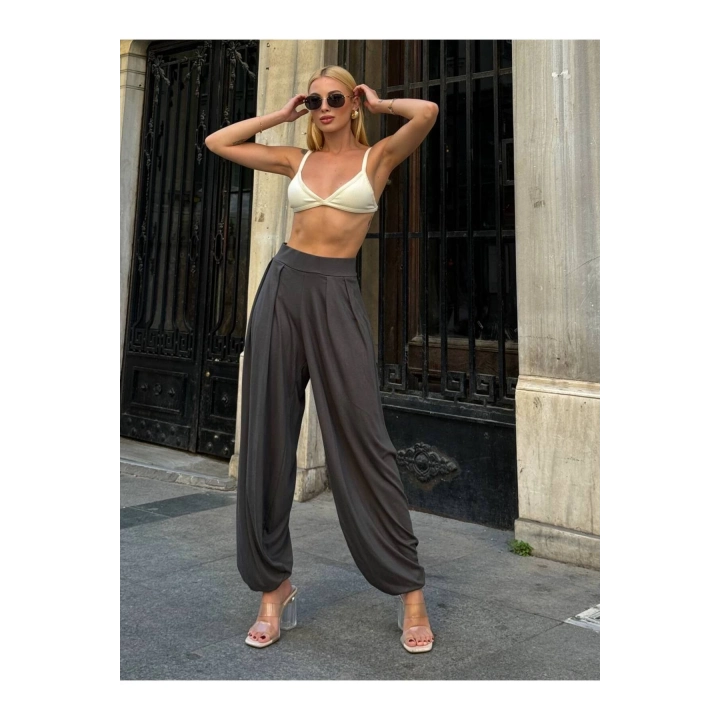 Kadın Beli Lastikli Pileli Modal Kumaş Paça Detaylı Ön Cepli Antrasit Balloon Şalvar Pantolon