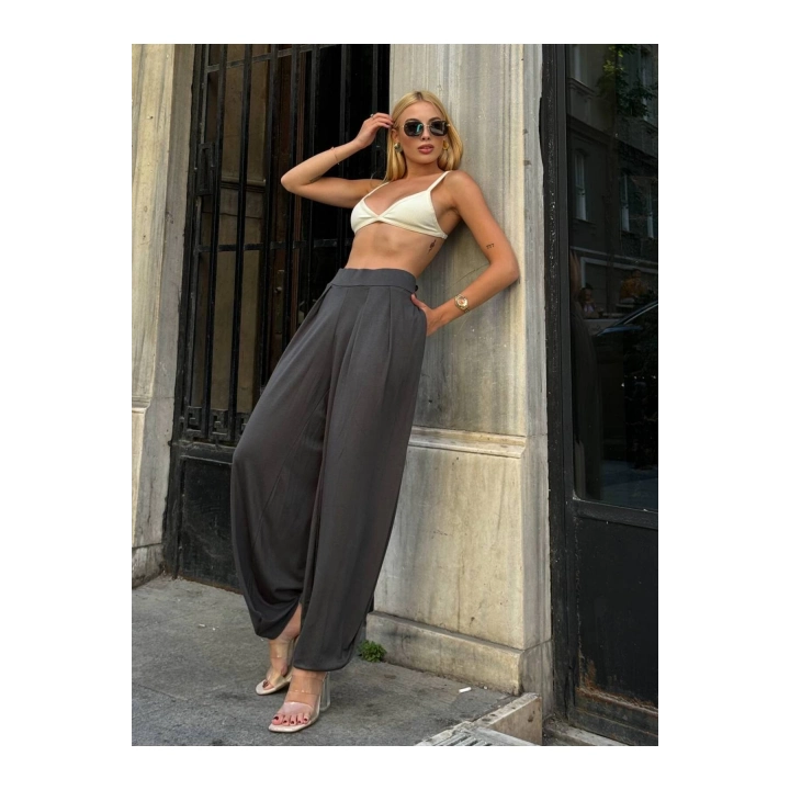 Kadın Beli Lastikli Pileli Modal Kumaş Paça Detaylı Ön Cepli Antrasit Balloon Şalvar Pantolon