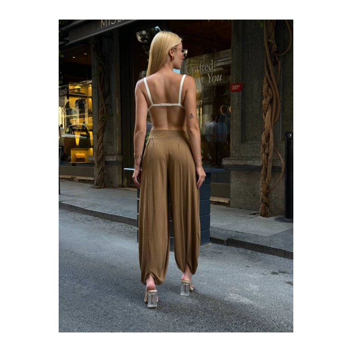 Kadın Beli Lastikli Pileli Modal Kumaş Paça Detaylı Ön Cepli Sütlü Kahve Balloon Şalvar Pantolon