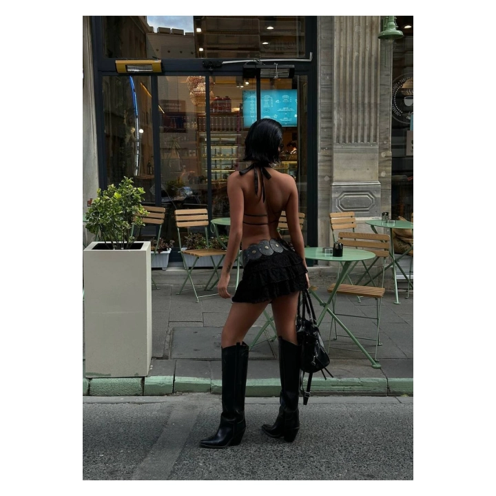 Kadın Dantel Kat Detaylı Mini Şortlu Siyah Etek