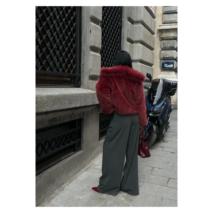 Kadın Yakalı Astarlı Bordo Premium Kürk Ceket