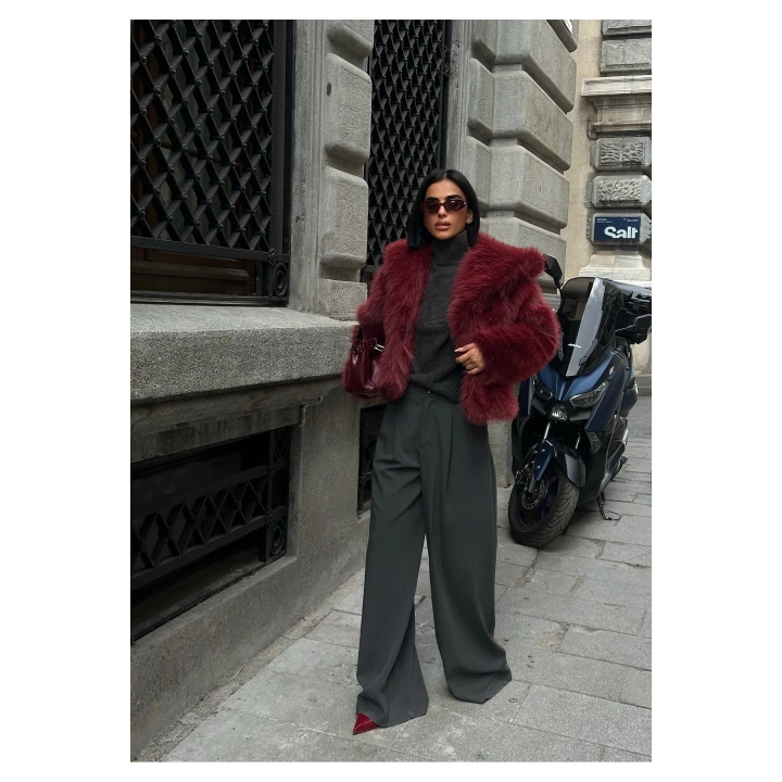 Kadın Yakalı Astarlı Bordo Premium Kürk Ceket