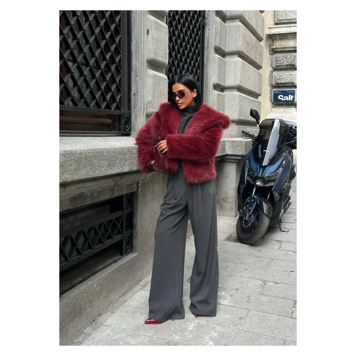 Kadın Yakalı Astarlı Bordo Premium Kürk Ceket