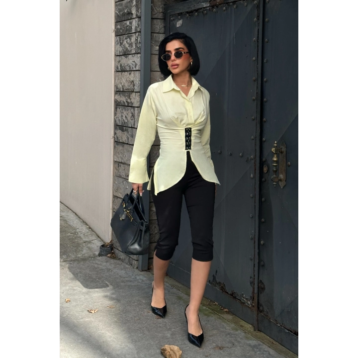 Kanca Kapamalı Sırt Bağlama Detaylı Sarı Tasarım Gömlek