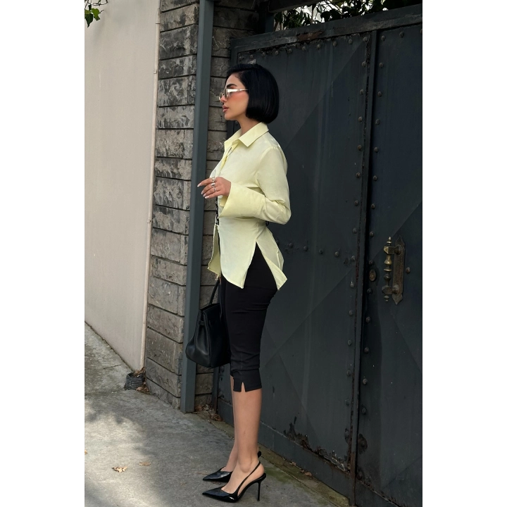 Kanca Kapamalı Sırt Bağlama Detaylı Sarı Tasarım Gömlek