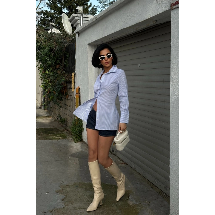 Sırt Bağlama Detaylı Çizgili Basic Mavi Gömlek