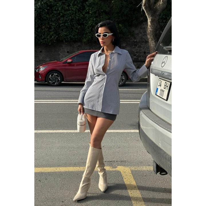 Sırt Bağlama Detaylı Siyah Çizgili Basic Beyaz Gömlek