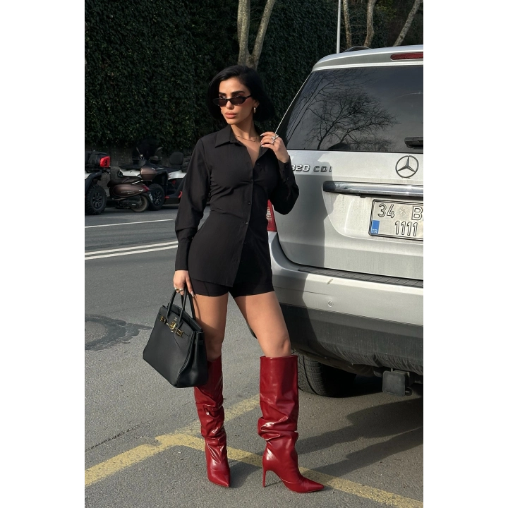 Sırt Bağlama Detaylı Siyah Basic Gömlek