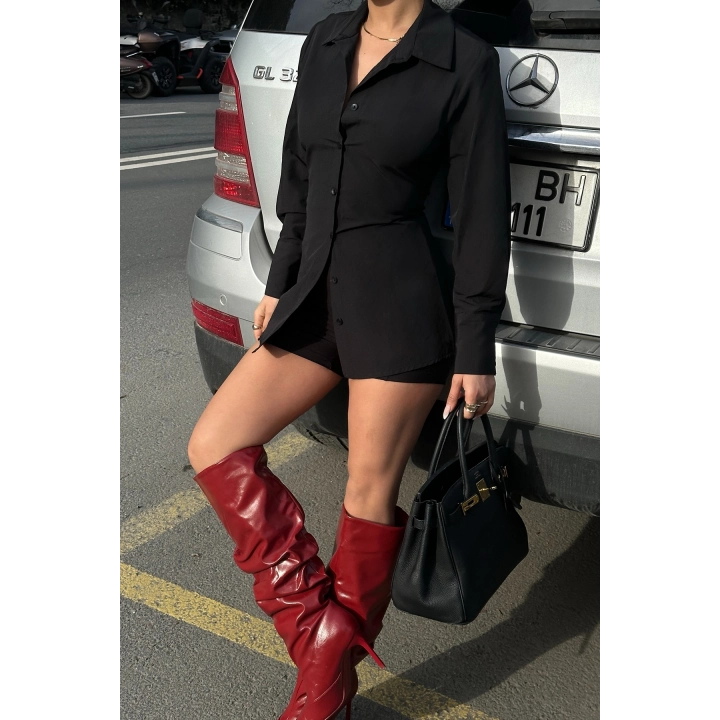 Sırt Bağlama Detaylı Siyah Basic Gömlek